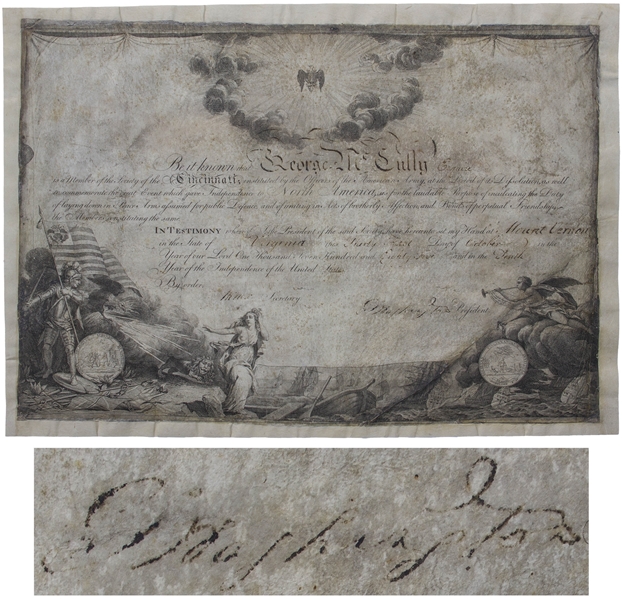 George Washington Signed Document Conferring Membership in the Ultra-Elite Society of the Cincinnati -- Available Only to Revolutionary War Officers & Their Heirs